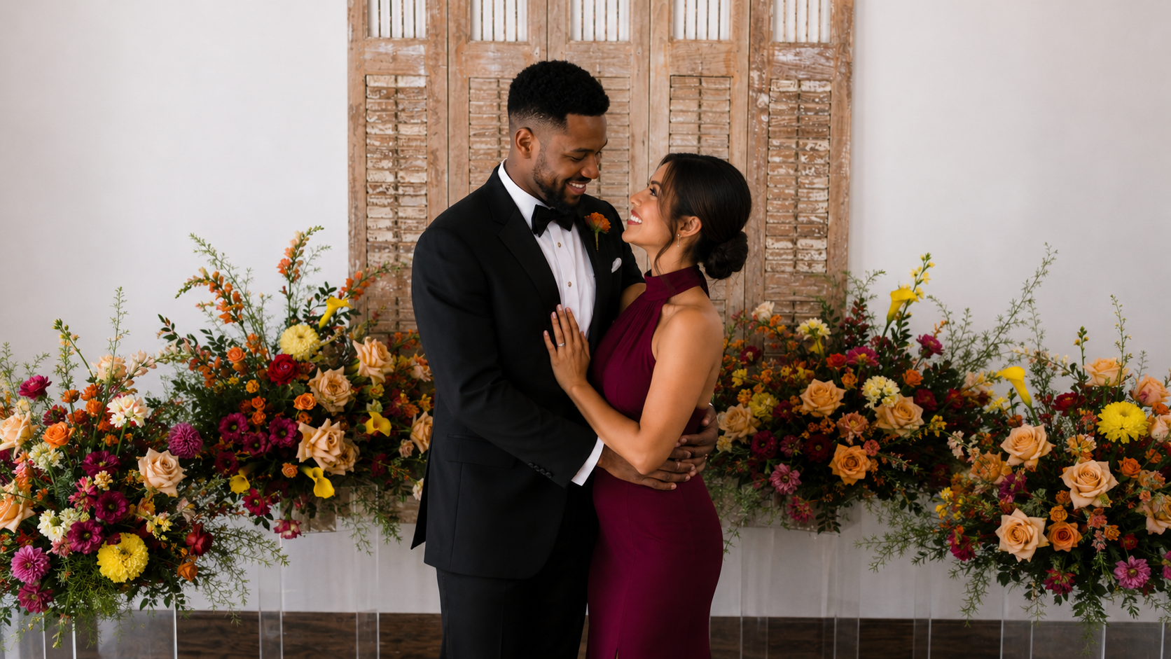 Wedding couple posing at a colorful floral backdrop in Las Vegas