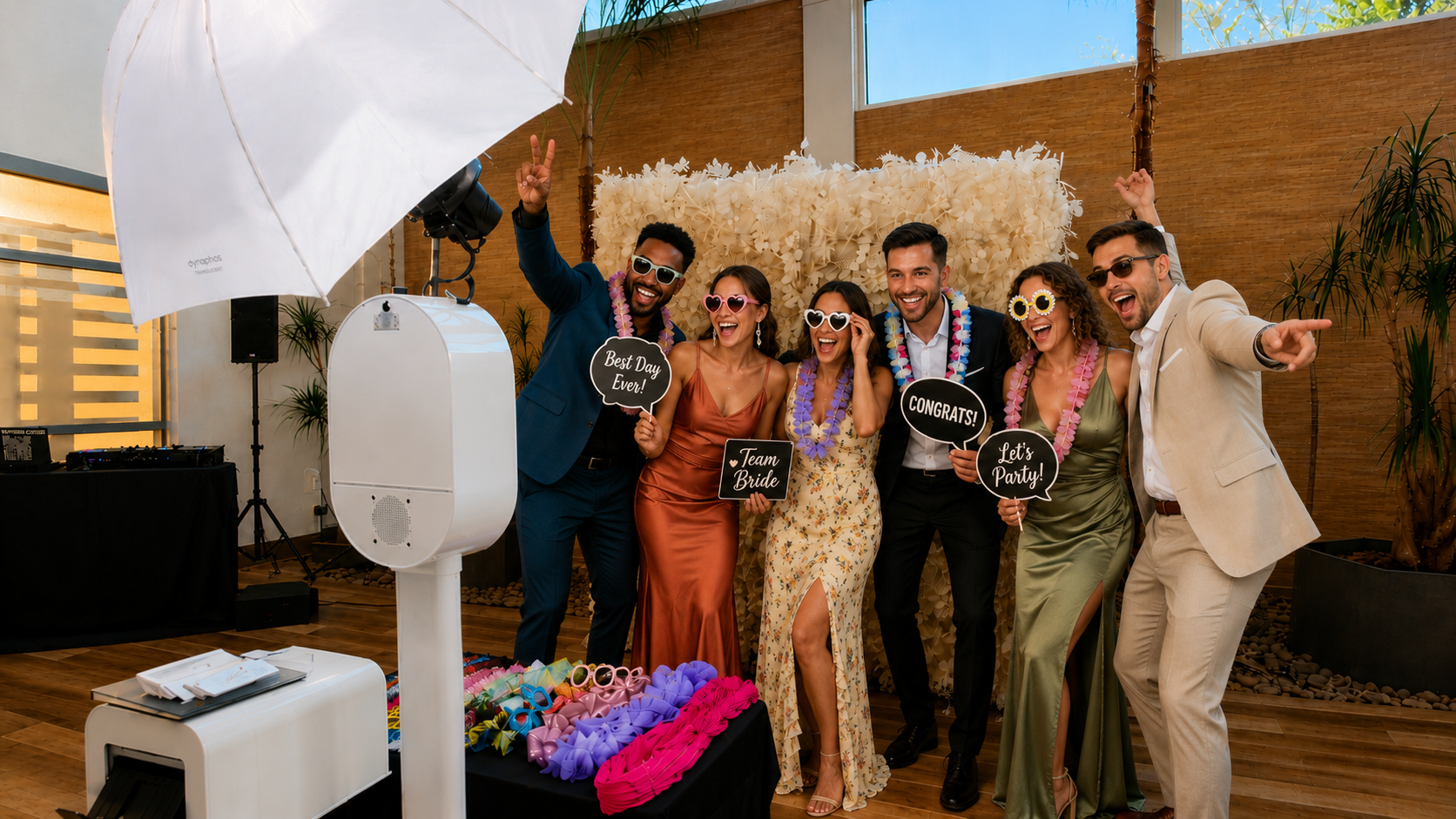 Wedding guests posing together in a Las Vegas photo booth