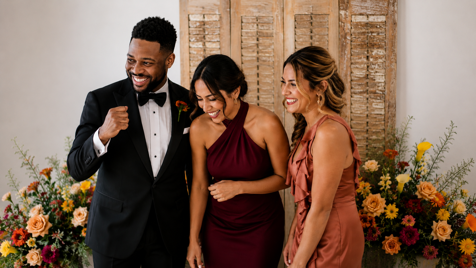 Wedding guests laughing together in a Las Vegas photo booth